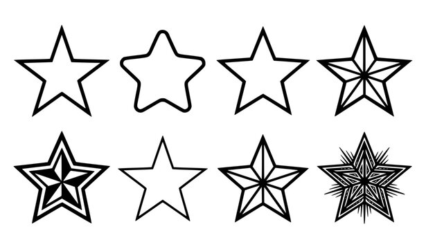 Five Pointed Star Line Art Icon Set with Nautical Stars, Rounded Corners, and Geometric Sparkling Elements for Rating, Achievement, and Festive Decoration Vector Designs