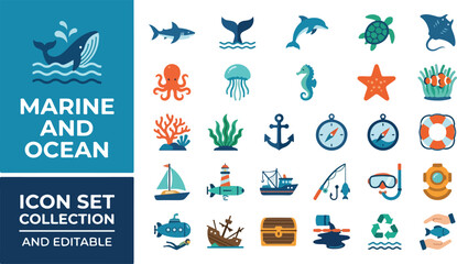 Colorful marine and underwater exploration flat icon collection © Super