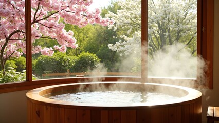 Fototapeta premium Serene Japanese Bath Surrounded by Cherry Blossoms in Sunlight