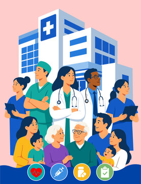 A team of doctors in front of a hospital along with patients.