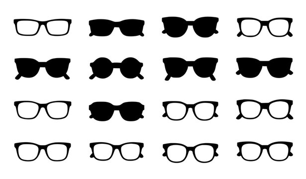 Eyeglasses and Sunglasses Silhouette Icon Set with Black Frame Vectors for Optometry Clinics, Fashion E-commerce Websites, and Summer Accessory Graphic Designs