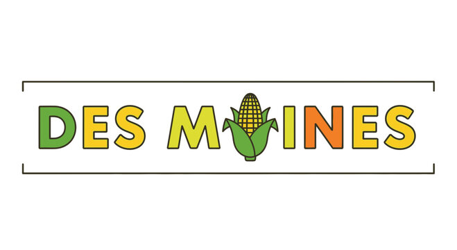 Des Moines text logo with corn cob illustration, Iowa agriculture concept