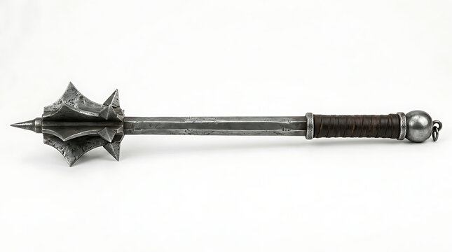 A close-up shot of a medieval flail weapon with metal spikes on a white background