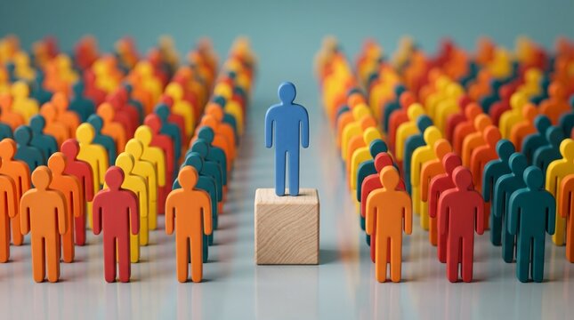 Blue miniature human figure standing on a wooden block amidst a large crowd of colorful figures, concept of leadership, uniqueness, and standing out from the crowd.
