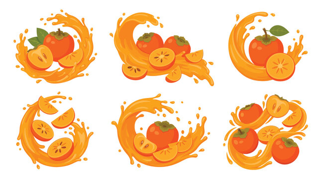 Dynamic summer persimmon fruit splashing through vibrant orange juice swirls and nectar droplets.