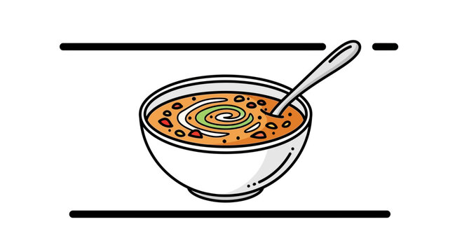 Delicious Bowl of Soup with Swirl and Spoon, Appetizing Food Illustration