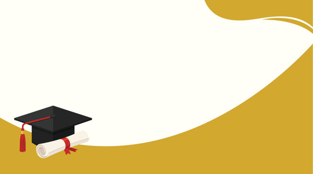 Elegant graduation banner template with a black mortarboard cap and rolled diploma on a gold and white abstract wave background, suitable for school invites and certificates."
