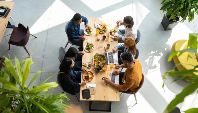 Diverse team enjoys catered lunch during productive work session