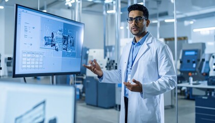 Naklejka premium Engineer Explaining Complex Technical Diagram on Monitor with Hand Gestures