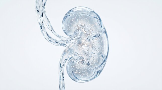 Conceptual 3D illustration of transparent human kidneys made of flowing water