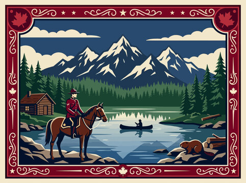 Vintage Canadian Wilderness Poster Illustration with RCMP Mounted Police, Rocky Mountains, and Beaver