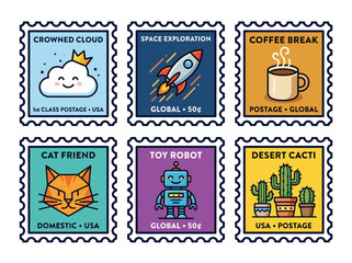Obraz premium Set of Cute Illustrated Postage Stamps with Space, Animal, and Nature Icons