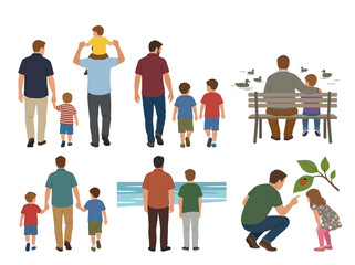 Fototapeta premium Diverse fathers and children interacting in various daily activities shown in a flat vector style