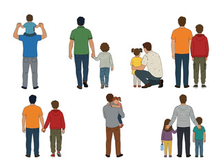 Obraz premium Multiple fathers standing and interacting with their young children in a colorful hand drawn style