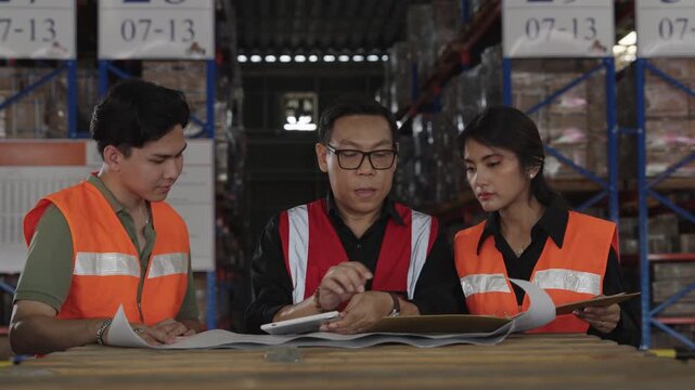 Three warehouse workers intently review document within dark, organized storage facility using high-visibility vests and glasses to conduct focused inspection and operational safety procedures.