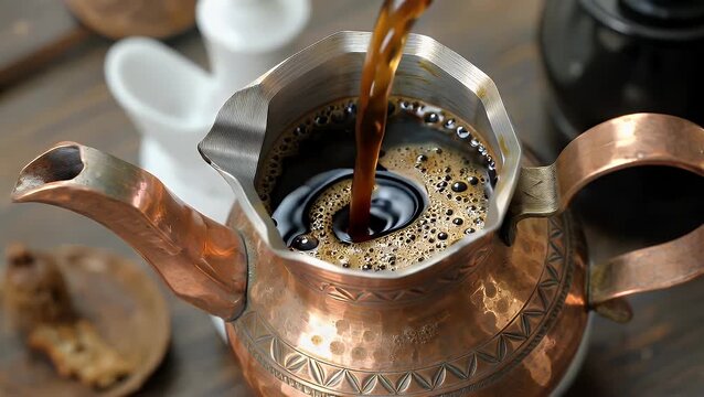 The Time-Honored Method of Preparing a Rich and Aromatic Mediterranean Brew in a Classic Copper Pot, Viewed from a Top-Down Perspective