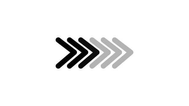 Dynamic animation of five rightward pointing arrows in sequence transition from black to gray and back again, symbolizing progress and forward movement, isolated on white background