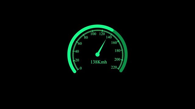 Abstract digital car speed meter motion graphic animation displaying rapid acceleration from 0 to 220 km/h with a bright green glow on a stark black background.