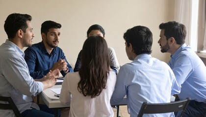 Fototapeta premium Diverse team members in a business meeting discussing and resolving conflicts through open dialogue