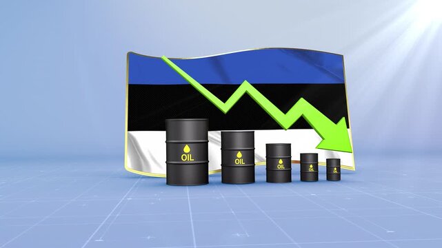 Estonia Oil Price Falling with Oil Barrels Downward Green Arrow and 3D Financial Data Visualization Graphs for Economy and Business Concept