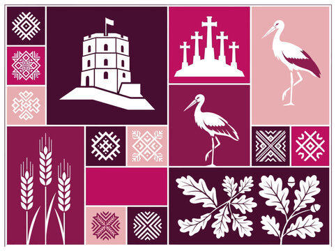 Lithuanian Cultural Heritage Symbols Collage: Gediminas Tower, Three Crosses, and Folk Patterns