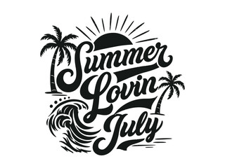 Stylized black and white graphic design artwork featuring summer themes like palm trees ocean waves and the sun with the words Summer Lovin July © rejaul