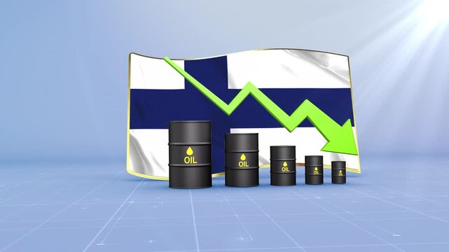 Finland Oil Price Falling with Oil Barrels Downward Green Arrow and 3D Financial Data Visualization Graphs for Economy and Business Concept