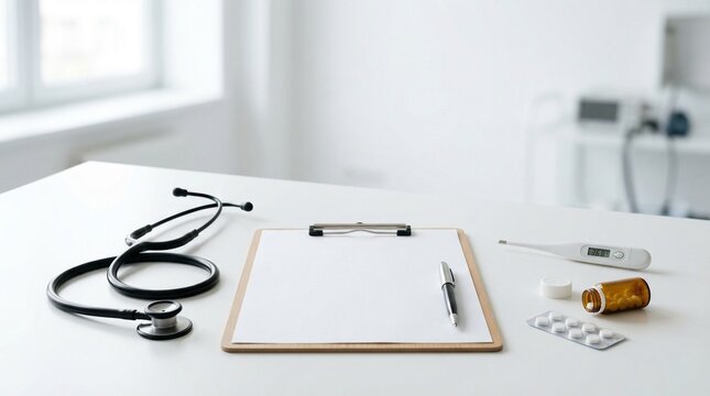 Medical and healthcare concept with a blank clipboard and pen next to a stethoscope, digital thermometer, pill bottle, and blister pack on a bright doctor office table with copy space