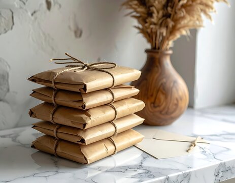 Stack of wrapped brown paper packages.
