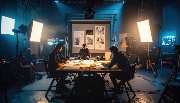 Film Directors Collaborating on Scripts and Storyboards in a Studio Setting