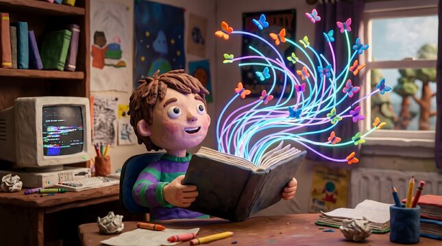 Handmade clay character smiling while opening book emitting neon light trails.