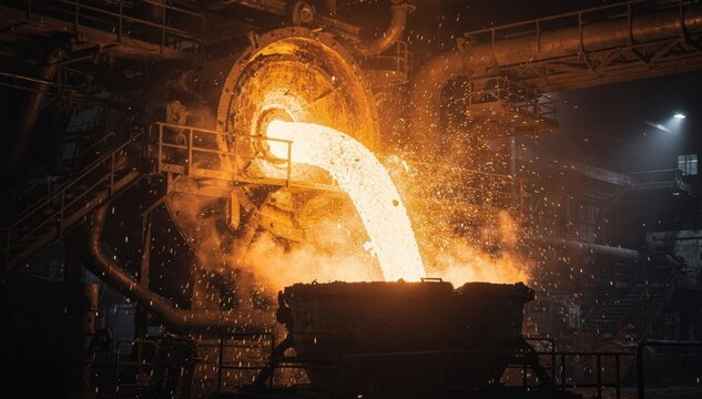 Nighttime medium shot capturing dramatic molten iron flow from blast furnace tapping illuminated by fiery glow and contrasted against dark smoky factory environment.