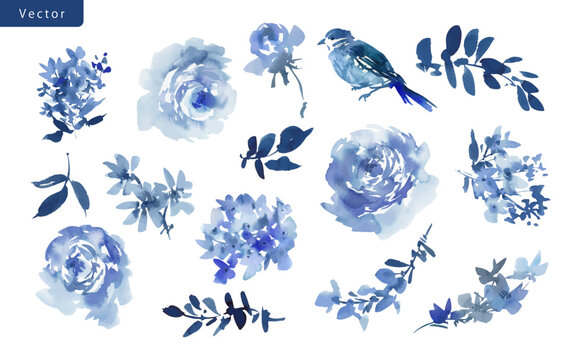 Watercolor indigo blue floral PNG clipart set with abstract hand painted wild roses, wild flowers and bird for pattern, wedding invitation and stationary