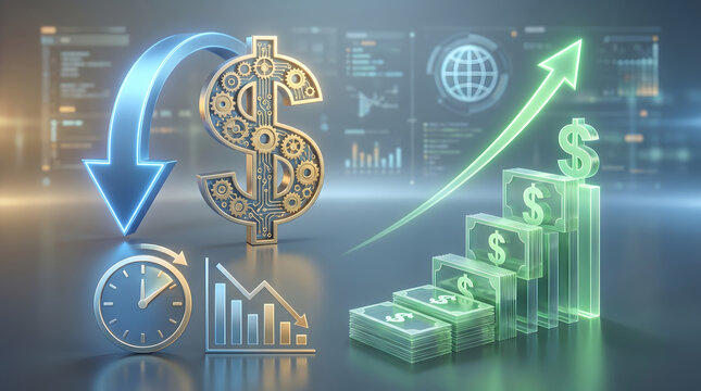 Dollar asset growth and financial risk management concept with 3D illustration of a gear dollar sign, decreasing arrow, and rising green cash block steps over a data chart background