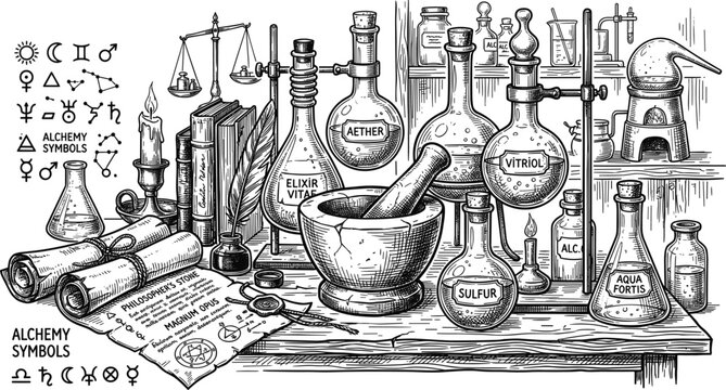 Vintage alchemy laboratory with flasks mortar and symbols vector illustrationVintage alchemy laboratory with flasks mortar and symbols vector illustration