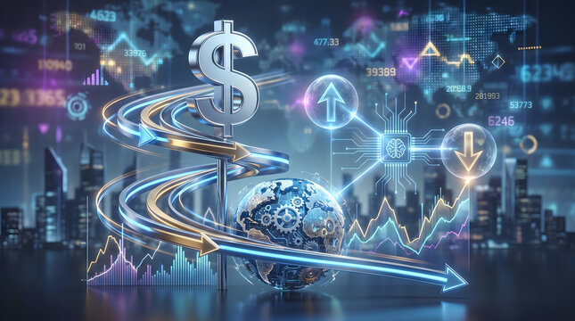 Global economy and dollar asset investment concept with 3D illustration of a metallic dollar sign and spiral neon light streams over a gear earth and financial chart background