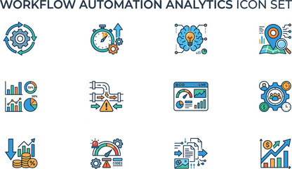 Fototapeta premium Workflow automation and data analytics vector icon set representing business productivity dashboard intelligence process optimization flat line illustration