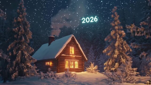 Cozy Winter Cabin in Snowy Forest Under Starry Night Sky 2026