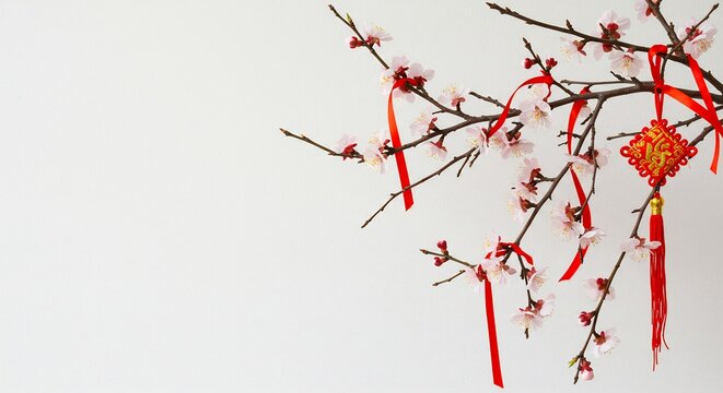 白い背景に満開の花枝と鮮やかな赤い旧正月飾り新年の始まりを告げる明るく美しい東洋の春の装飾. AI Generated