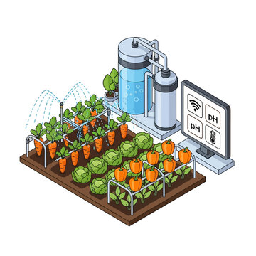 Isometric smart farming vector illustration showing automated irrigation and monitoring system for vegetables.