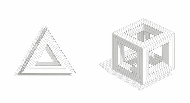 Abstract geometric shapes, triangle and cube, optical illusion.