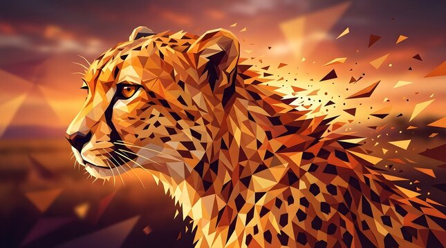 fierce geometric low poly cheetah portrait with sunset colors