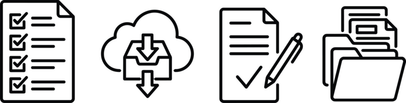 Document management and cloud archiving icon set representing file organization audit verification checklist minimal black line vector illustration