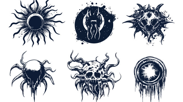Six dark, ink-drawn illustrations feature celestial and monstrous imagery with spiky, tentacled designs