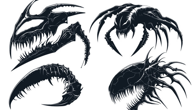 Black and white illustration of four grotesque alien lifeform features, reminiscent of a comic book