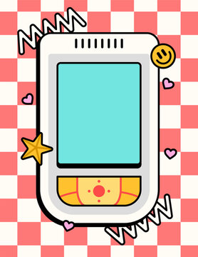 Cute retro mobile phone frame with decorative hearts, stars, and abstract doodles. cartoon vector template ideal for social media posts, stories, photo frames, and digital content.