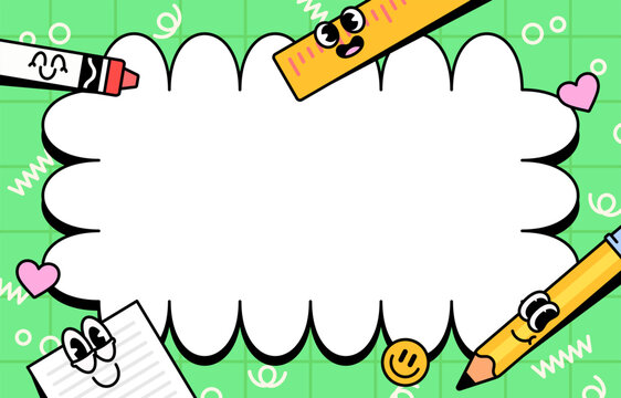 Background school themed frame featuring cute stationery characters and large copy space. cartoon vector template ideal for education, classroom, learning, and children's designs.
