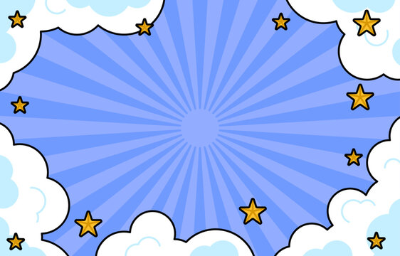 Playful sky themed background featuring fluffy clouds, stars, and a blue radial sunburst effect. cartoon vector template ideal for children's designs, banners, posters, and presentations.