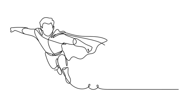 Continuous single line drawing of a flying superhero man in a cape