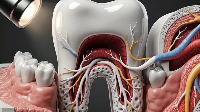 Anatomical Cutaway View Of A Human Molar Tooth Embedded In The Jawbone Illuminating Internal Structures For Educational Purposes